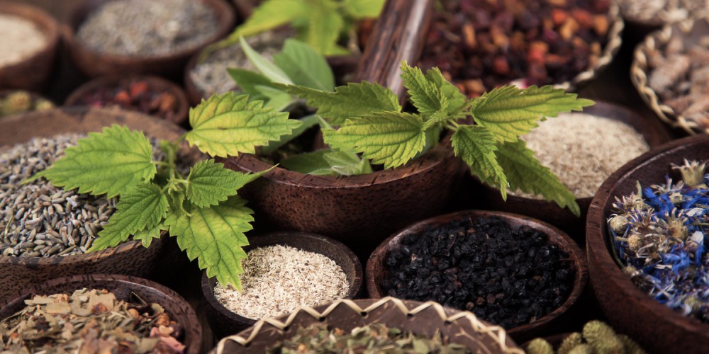 Natural medicine, wooden table background